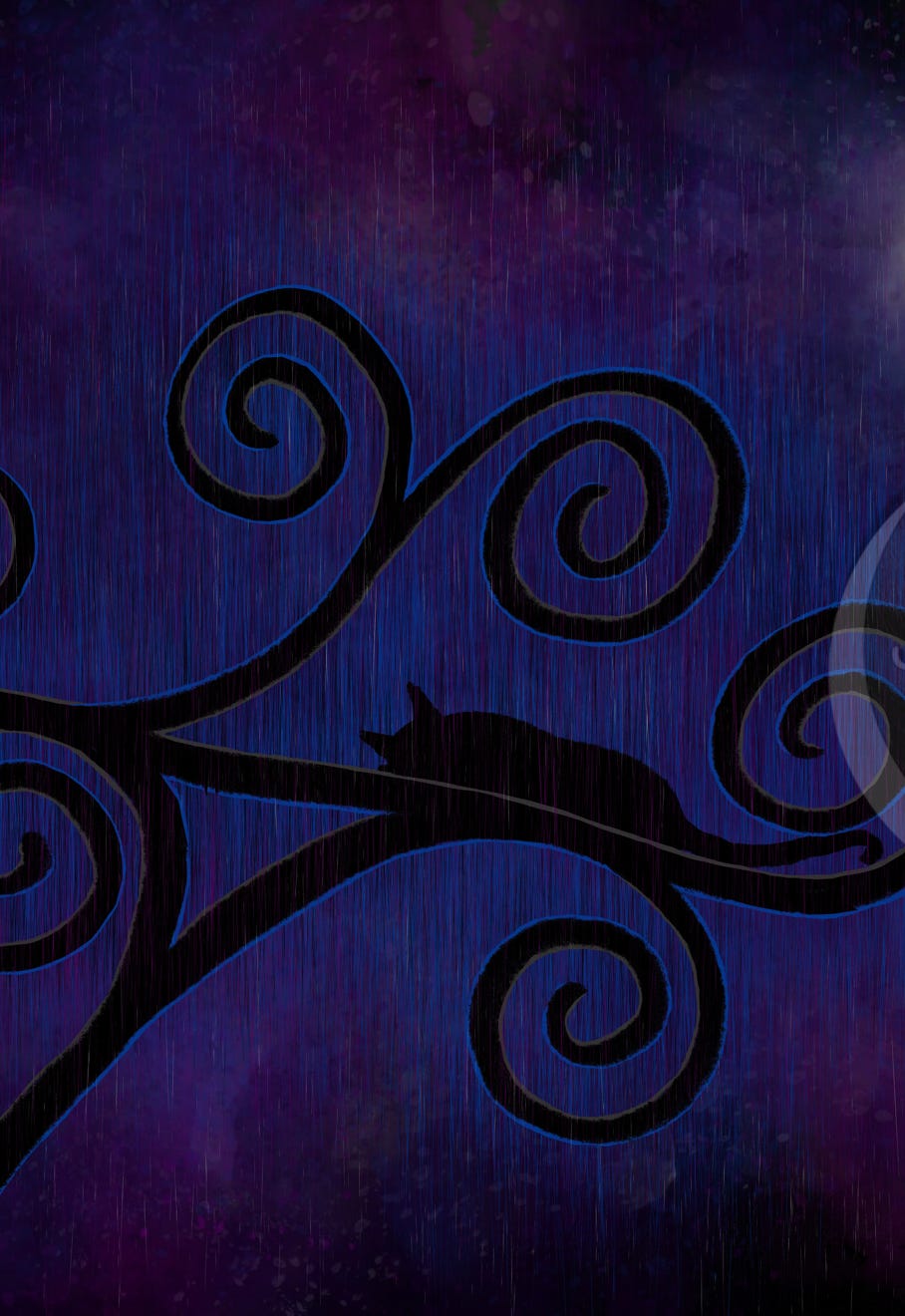 “Cat Tree” by JJ Ashton - Digital, mixed media, abstract, painting of a cat sitting on a tree with stylized swirly branches under the moon.