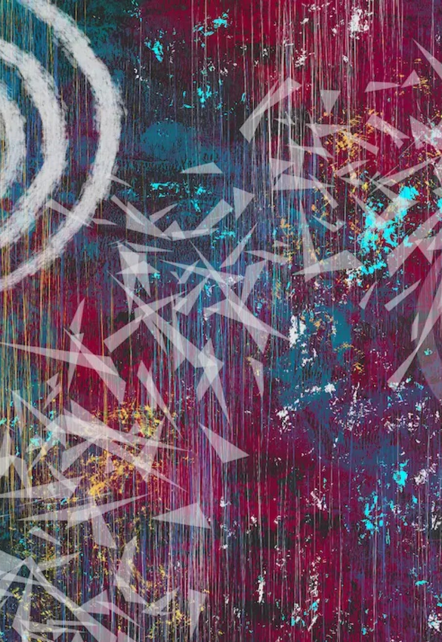 “Fractal” by JJ Ashton - Digital, mixed media, abstract painting in blues, greens, yellow, purple, fuchsia, red, black, gray, and white. I like to refer to this as part of my technicolor pieces and remains one of my personal favorite pieces.