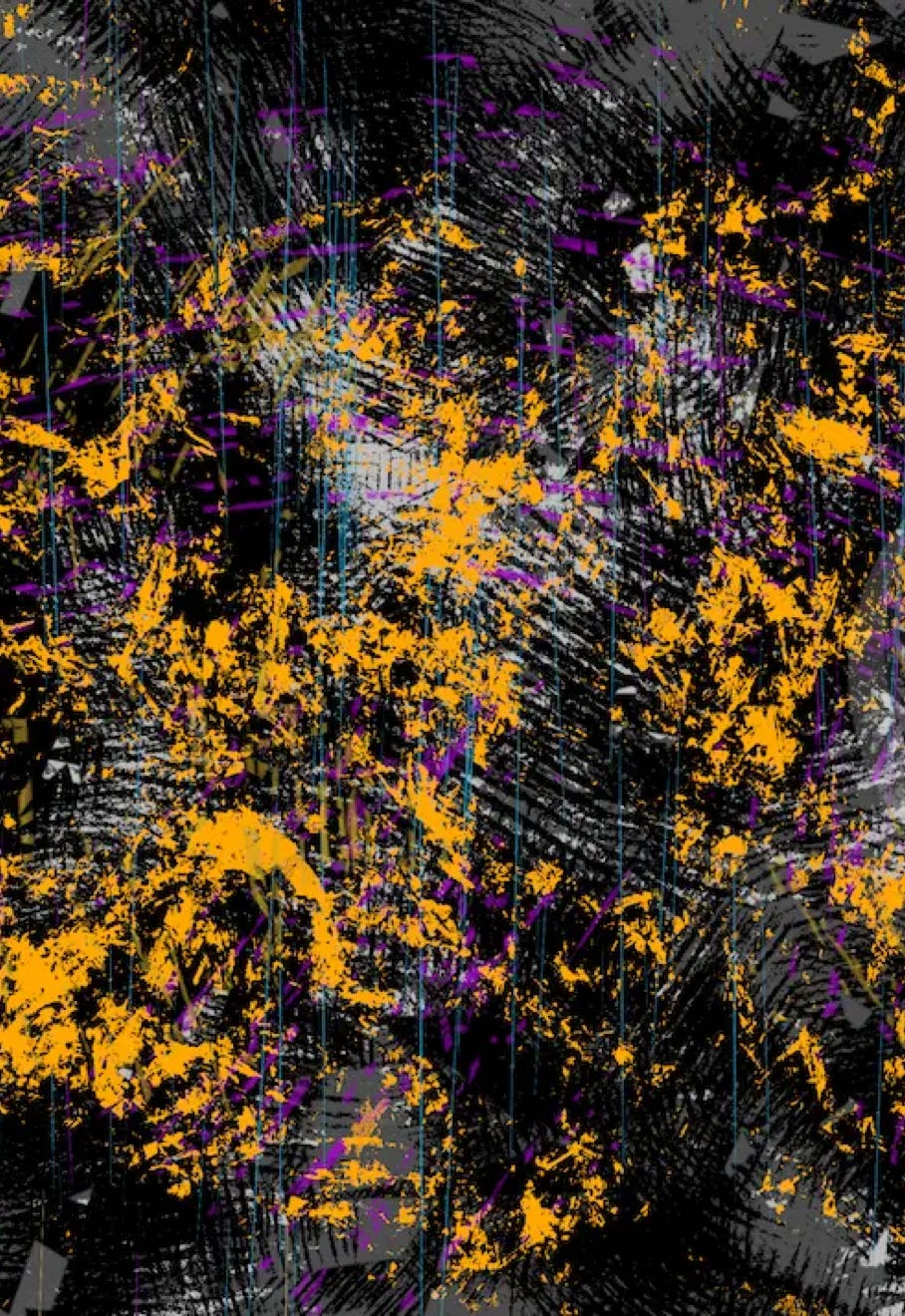 “Mood” by JJ Ashton - Digital, mixed media, abstract painting in golds, black, purple, gray, and white.