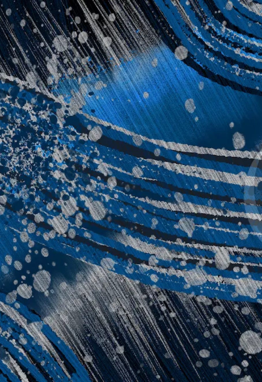 “Flow” by JJ Ashton - Digital, mixed media, abstract painting in blues, black, gray, and white.