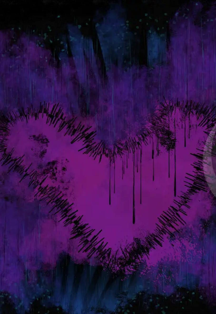 "Bleeding Heart" by JJ Ashton - Digital, mixed media, abstract painting of a stitched tree in pinks, purples, blues, grays, and black. 