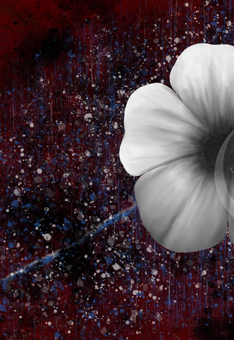 "For Uvalde"  by JJ Ashton- Digital, mixed media, abstract painting of a flower floating in red to symbolize spilled blood with blue drops to symbolize tears. The white flower symbolizes innocence. Dedicated to the children killed in the Uvalde school shooting in 2022.