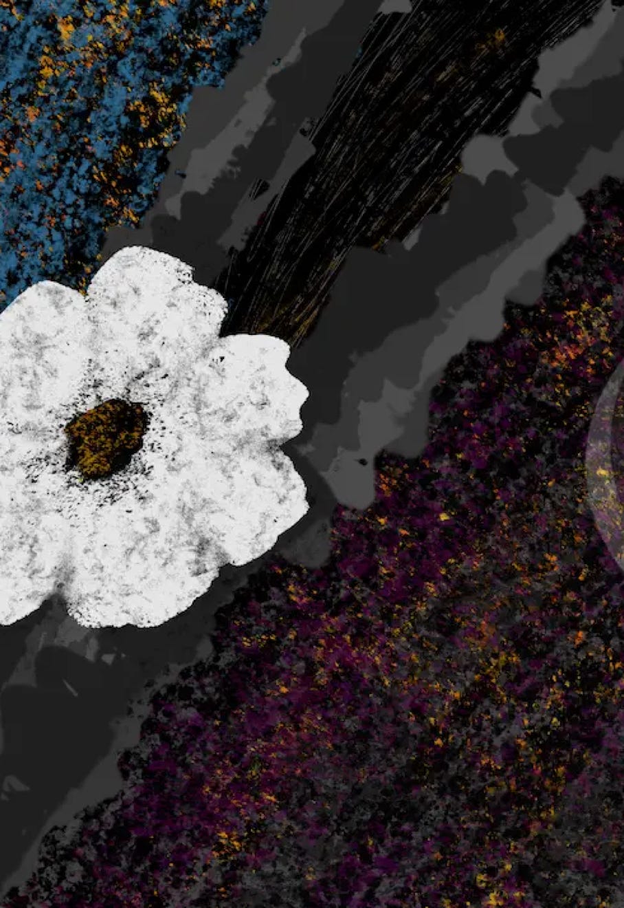 “Unexpected Bloom” by JJ Ashton - Digital, mixed media, abstract painting of a flower growing in an unexpected place. Done in blues, reds, black, gold, gray, white, and purple.