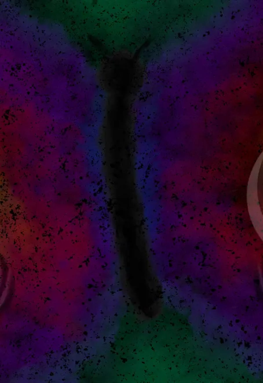 “Technicolor Butterfly” by JJ Ashton - Digital, mixed media, abstract painting in blues, purples, red, greens, black, and yellow.