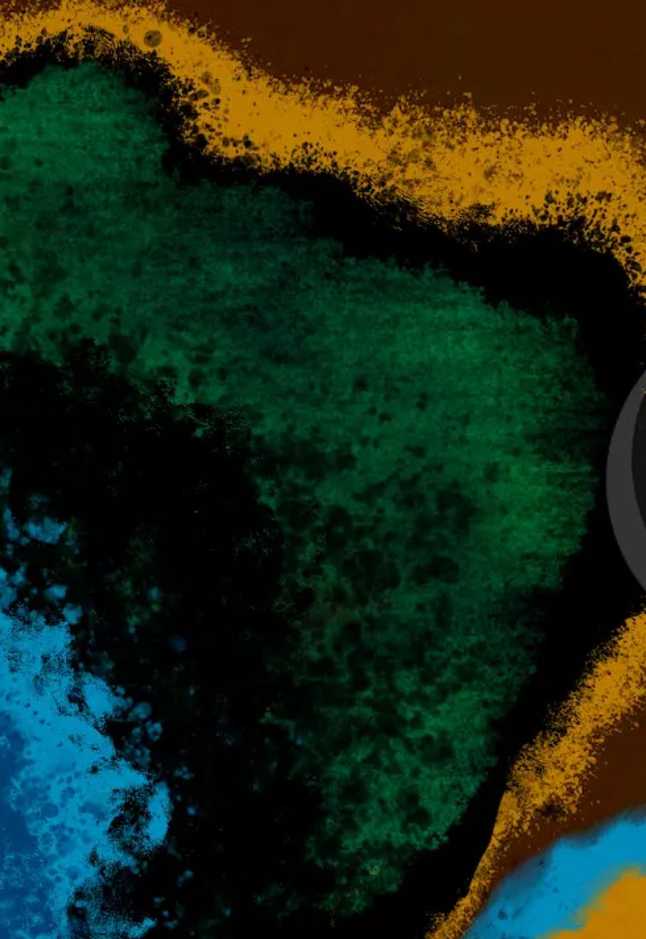 “Spill” by JJ Ashton - Digital, mixed media, abstract painting of an earthy spill in blues, greens, black, golds, and brown.